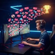 A dynamic image shows a pro-gamer at a high-tech setup.